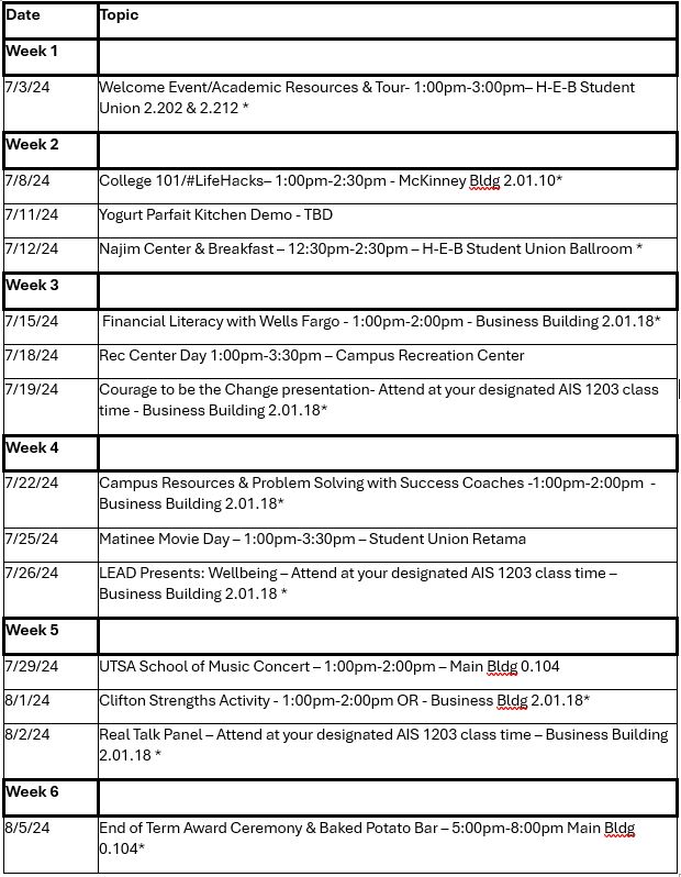 LEAD student calendar 2024 Grid